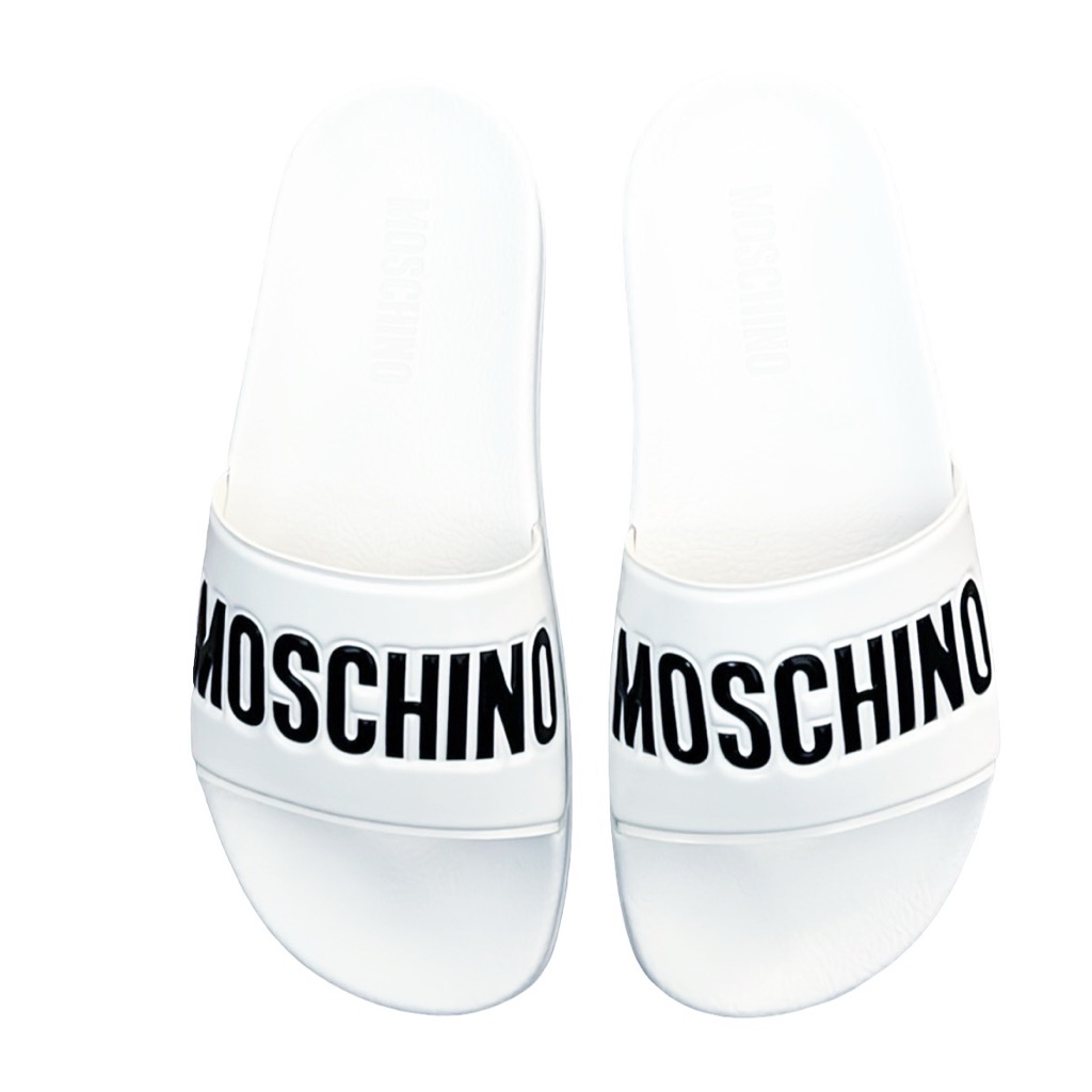 Moschino Logo Slide Sandals In White Size 38 New In Box